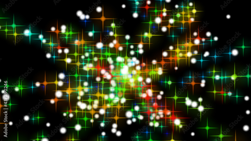 Poster abstract flying colorful stars on the background of white flying particles in space. beautiful multi