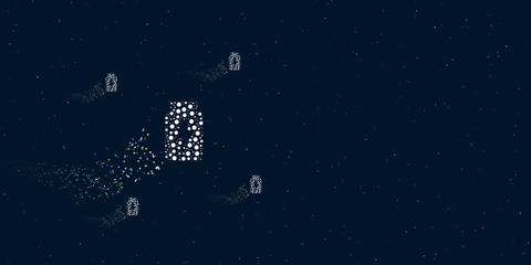 A power jar symbol filled with dots flies through the stars leaving a trail behind. Four small symbols around. Empty space for text on the right. Vector illustration on dark blue background with stars
