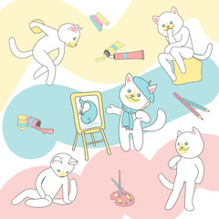 Children's illustration set of artistic cats and paints.