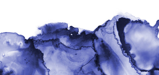 Art Abstract watercolor flow blot painting. Color deep blue horizontal long texture background. Alcohol ink.