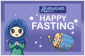 Muslim girl greetings happy fasting at ramadan kareem cartoon illustration