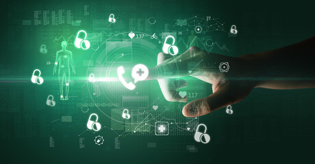 Doctor hand pressing futuristic health device with medical symbol on screen