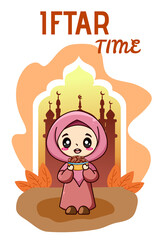 Little muslim girl happy fasting at ramadan kareem cartoon illustration
