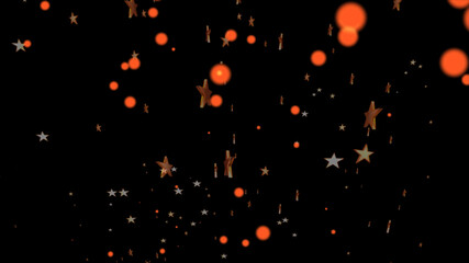 Abstract flight of multicolored stars and burning particles in outer space at high speed. Close-up. A beautiful decoration for a holiday, disco, festival. Isolated black background.