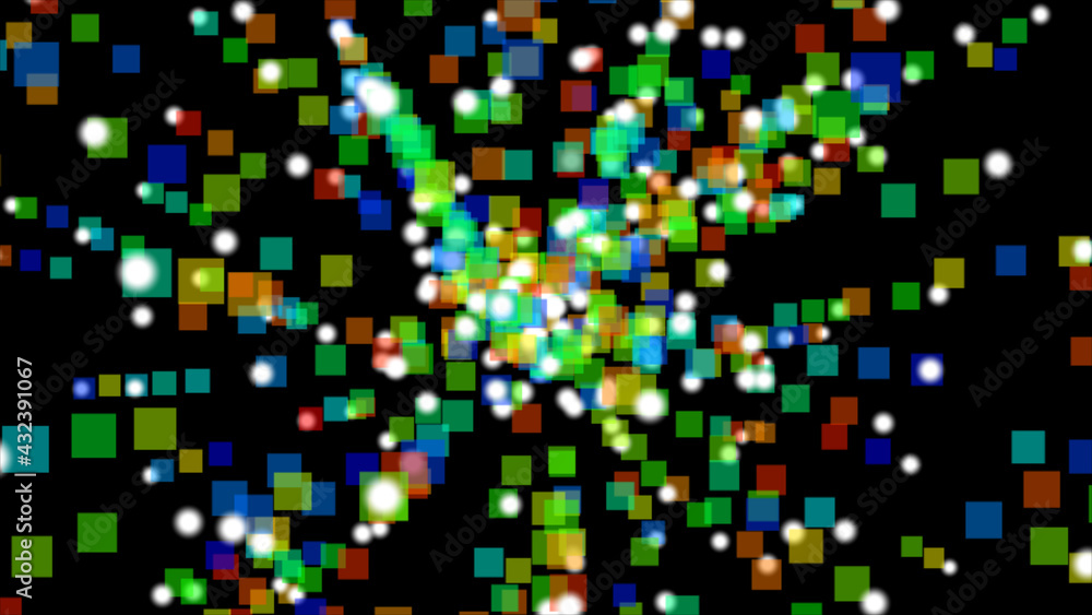 Poster abstract flying colorful squares on the background of white flying particles in space. beautiful squ