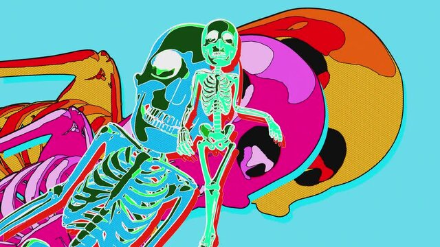 Seamless animation of a colorful skeleton. Funny cartoon character with zine culture style for Halloween background. 