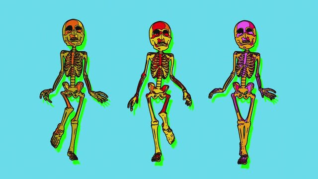 Seamless animation of a walking skeletons with colorful effect. Funny cartoon character with zine culture style for Halloween background. 