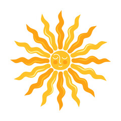 Cute happy yellow sun. Colored flat graphic vector illustration isolated on white background.