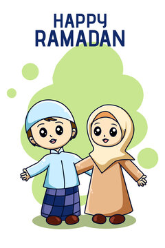 Muslim sibling celebrating at ramadan kareem cartoon illustration