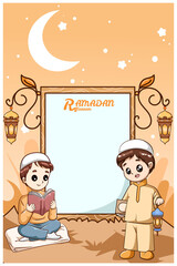 Two little boys at Ramadan kareem cartoon illustration