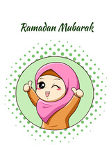 Cute happy girl greeting ramadan mubarak cartoon illustration