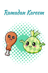 Cute ramadan rice food with chicken cartoon illustration