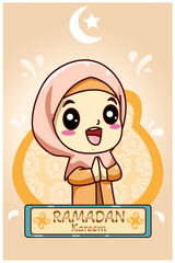 Cute muslim girl at ramadan kareem cartoon illustration