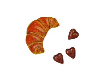Delicious French croissant with chocolates for breakfast
