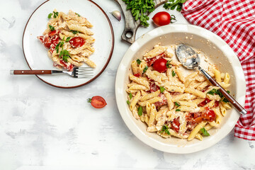 Baked feta pasta with cherry tomatoes, garlic and herbs. banner, menu recipe place for text, top view