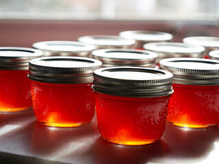 Finished red pepper jelly canning preserving filled jars in sunshine