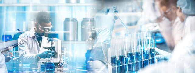 banner background of scientist research in medical science laboratory, medicine technology with...
