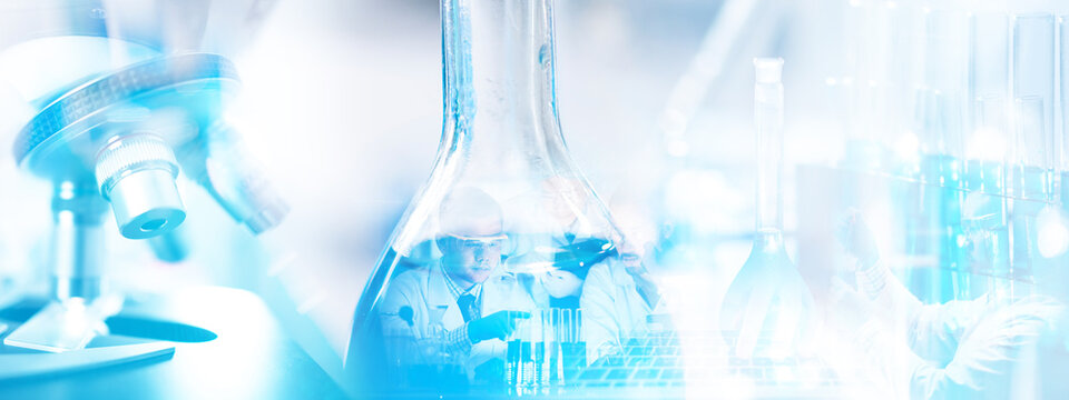 banner background of scientist research in medical science laboratory, medicine technology with biology or chemistry and pharmaceutical clinic, doctor work for test a coronavirus covid-19 vaccine