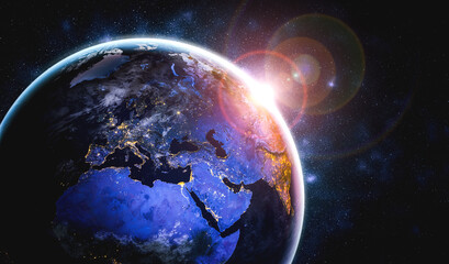 Planet earth globe view from space showing realistic earth surface and world map as in outer space point of view . Elements of this image furnished by NASA planet earth from space photos. © InfiniteFlow