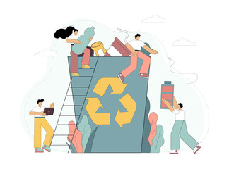 Recycling. People are sorting garbage. Solving environmental problems