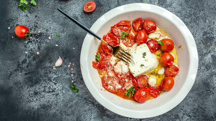 cooking viral Feta bake pasta with roasted cherry tomatoes, cheese, herbs and garlic. menu recipe place for text, top view