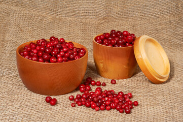 Two wooden bowls with red bilberry on canvas as background
