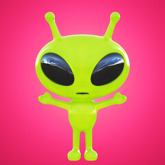 Toy green alien with big eyes on a pink background. The sky is reflected in the eyes. Front view. 3d rendering