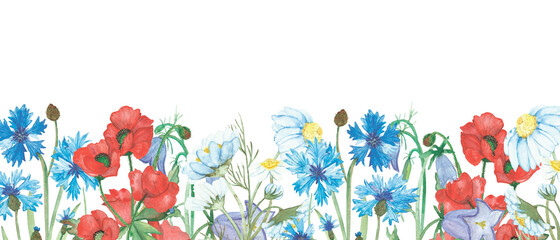 Watercolor hand painted nature floral banner line with red poppy, white chamomile, blue cornflower and lilac bluebell flowers bouquet on the white background for card design