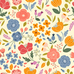 Handdrawn vector seamless pattern with cute small flowers in pastel colors. - 432395049