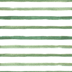 Hand drawn watercolor seamless striped pattern in green colors.