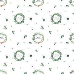 Hand drawn watercolor seamless Christmas pattern with small circles and wreaths in green colors. - 432395244