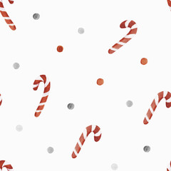 Hand drawn watercolor seamless Christmas pattern with small circles and candy in red and white colors. - 432395270