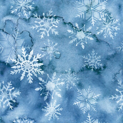Hand drawn watercolor seamless pattern with snowflakes in blue colors. - 432395273