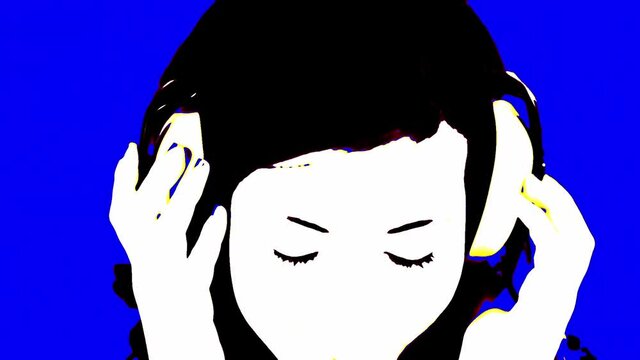 Poster effect: a beautiful young woman listening to music with white headphones, moving her hands, looking shy. Closeup shot, blue background.
