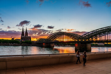 Romantic sunset in Cologne with Cologne Cathedral in the background, Germany.