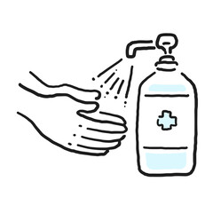 感染症予防のため手を消毒する手描きイラスト Hand-drawn illustrations to disinfect hands to prevent infectious diseases