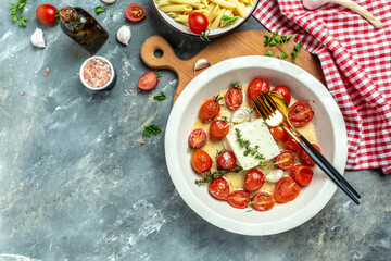 Step-by-step recipe Feta pasta with cherry tomatoes, feta cheese, garlic and thyme. Preparation of ingredients for trending fetapasta