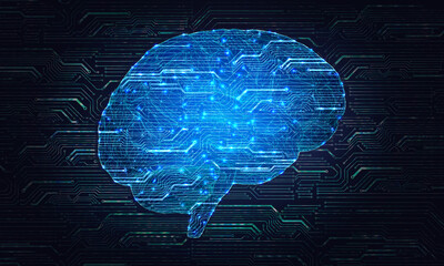Technology illustration featuring a human brain made of printed circuit board (PCB), isolated on a dark background
