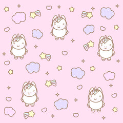 Kawaii pattern with unicorn, clouds and stars on a pink background.
