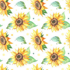 Sunflower seamless pattern.Realistic illustration with big yellow Helianthus flower