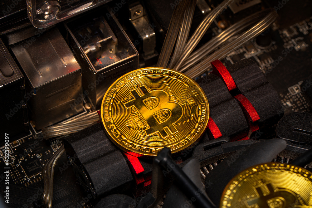 Poster bitcoins and new virtual money concept. gold bitcoins with candle stick graph chart and digital back