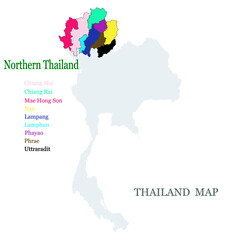 Maps of Northern Thailand with 9 Province in different colors, Chiang mai, Chiang rai, Phrae, Phayao, Lampang, Lamphun, Uttaradit, Nan and pin on Mae hong son province