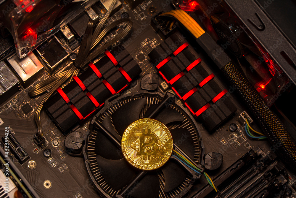Poster bitcoins and new virtual money concept. gold bitcoins with candle stick graph chart and digital back