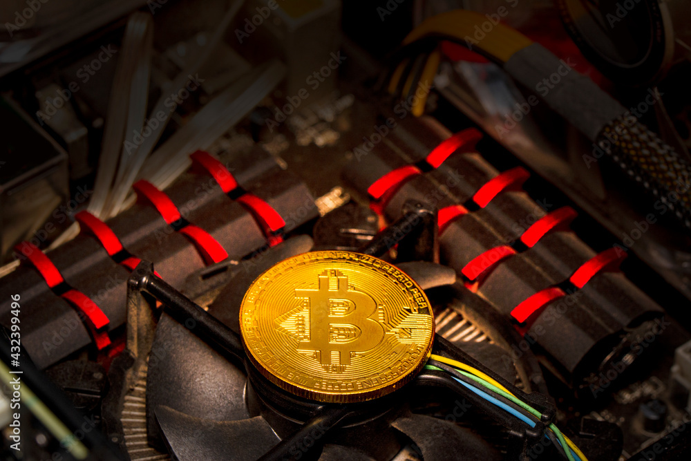 Poster bitcoins and new virtual money concept. gold bitcoins with candle stick graph chart and digital back