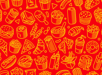 Fast food seamless pattern. Burger, hot dog, pizza and other food yellow vector pattern on red background. Best for restaurants, cafes, bars and food courts.