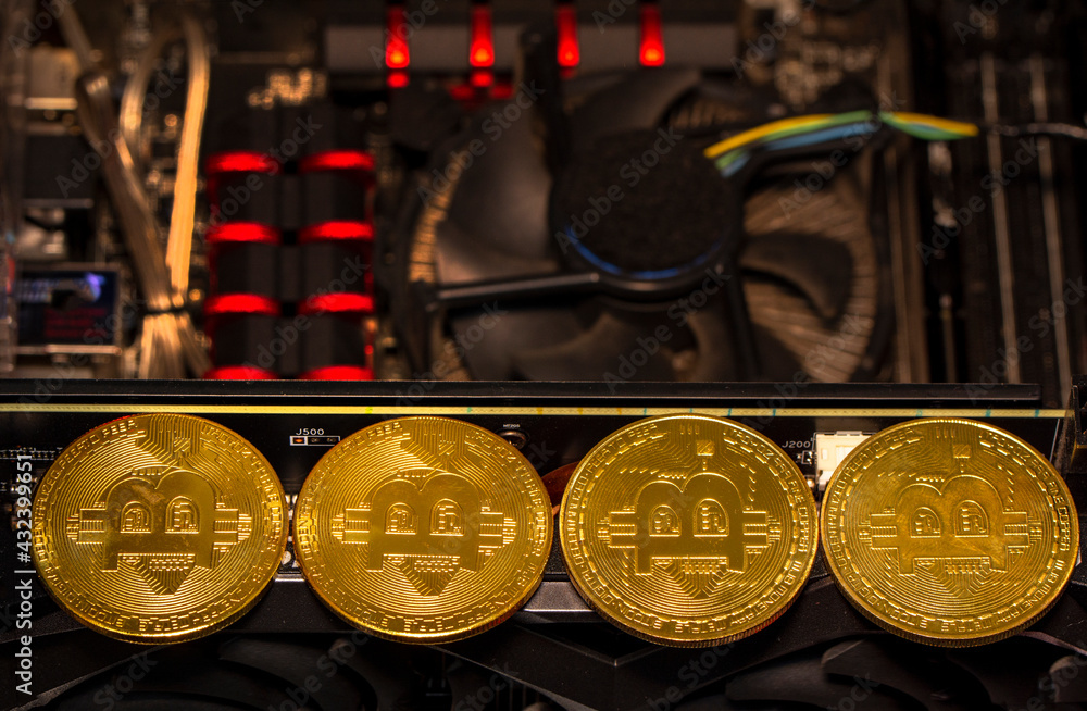 Poster bitcoins and new virtual money concept. gold bitcoins with candle stick graph chart and digital back