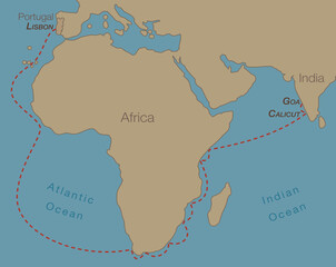Vasco da Gama, Portuguese explorer, his first voyage from Lisbon around Africa to India, discovery of the sea route through the Atlantic and Indian Ocean. Vector map illustration.
 - obrazy, fototapety, plakaty
