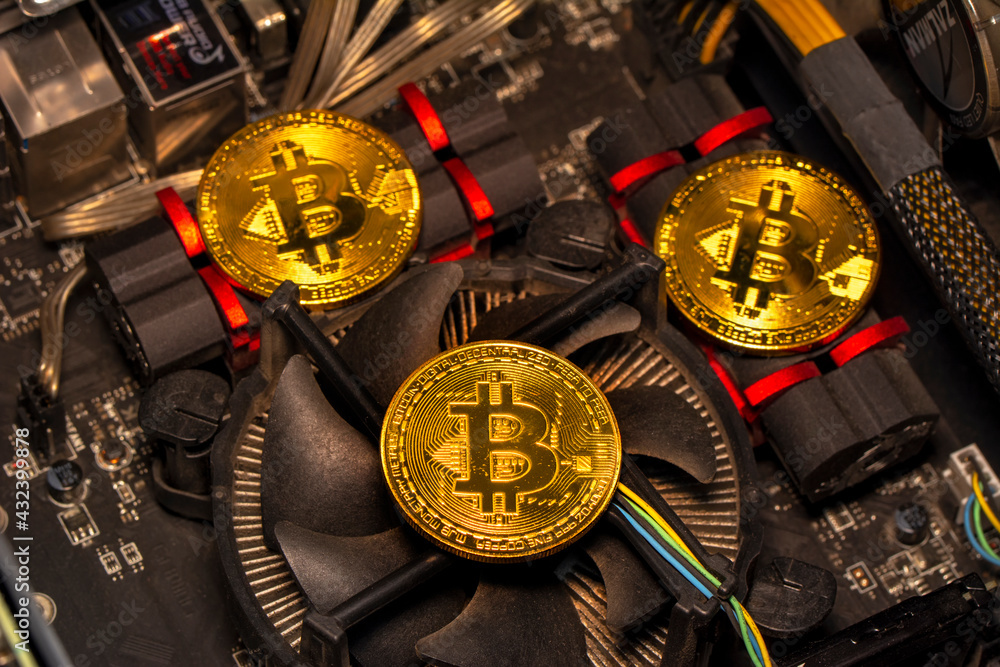 Poster bitcoins and new virtual money concept. gold bitcoins with candle stick graph chart and digital back
