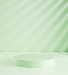 3D render, Illustration. A cylinder, podium, pedestal in soft pastel colors. Geometric shapes composition with empty space for product design show. Minimalistic. Studio background. Leaves shadow. 