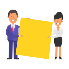 Businesswoman and businessman holding big blank sign and smiling. Vector characters